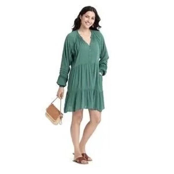 Knox Rose Womens XXL Verde Green Long Sleeve Button Front Tiered Midi Boho Dress - Picture 1 of 6